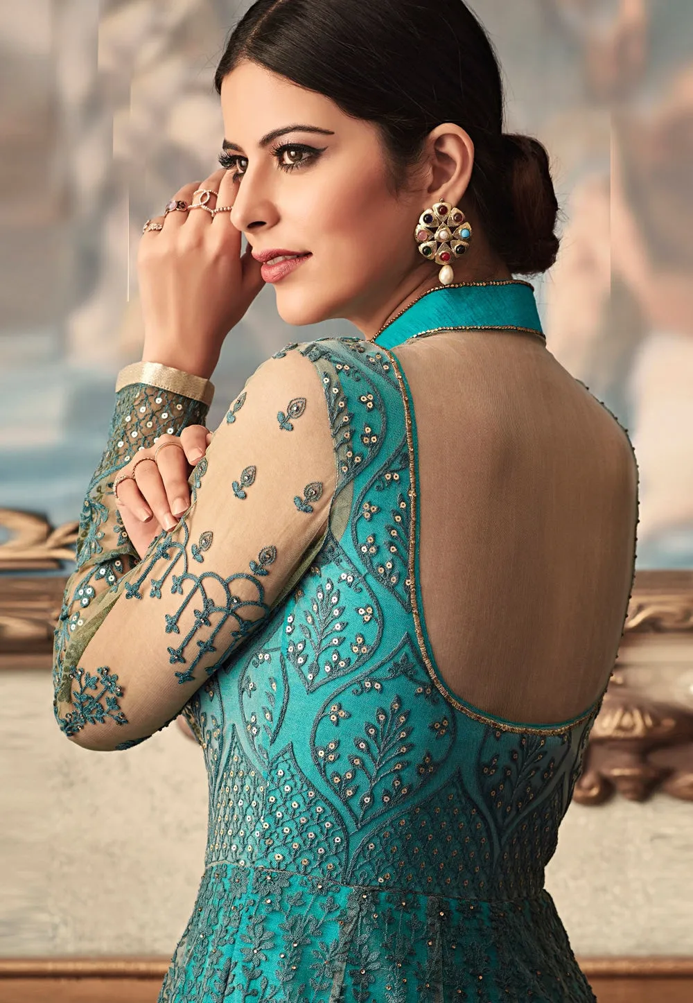 Sea Blue Embroidered Flared Anarkali Gown Set