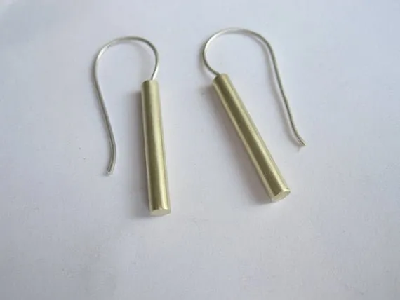 Simple and Elegant Gold Colored Brass Straight Bar Dangle Earrings With Silver French Hook - 0062