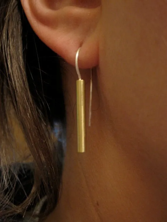 Simple and Elegant Gold Colored Brass Straight Bar Dangle Earrings With Silver French Hook - 0062