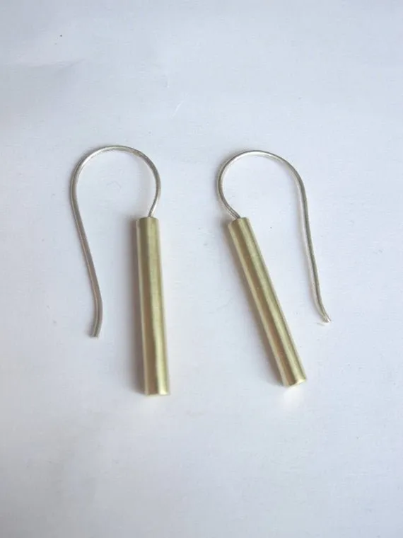 Simple and Elegant Gold Colored Brass Straight Bar Dangle Earrings With Silver French Hook - 0062