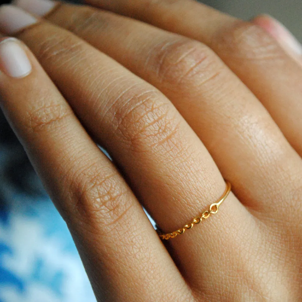 Simple Skinny 18K Solid Gold Chain & Band Stacking Ring