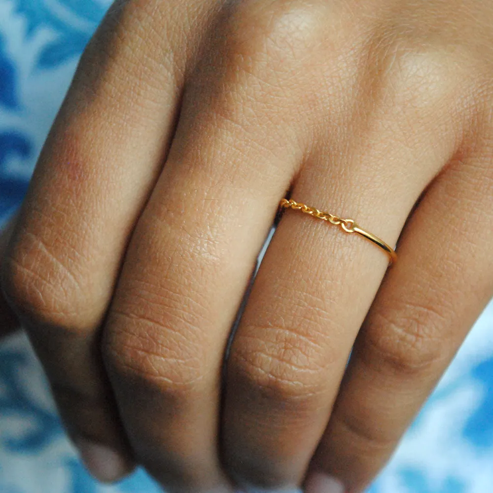 Simple Skinny 18K Solid Gold Chain & Band Stacking Ring