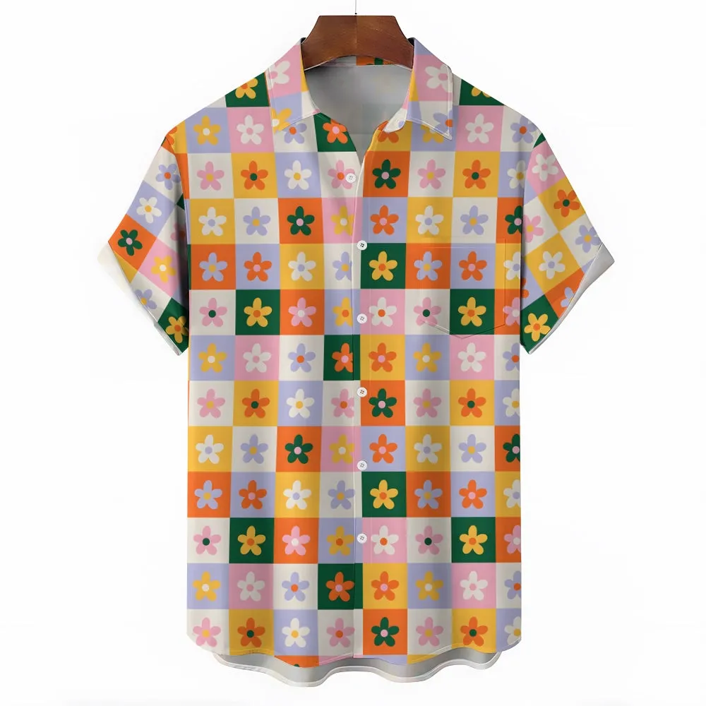 Small Floral Plaid Elements Casual Short Sleeve Shirt 2403000753