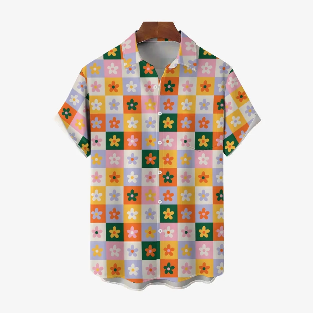 Small Floral Plaid Elements Casual Short Sleeve Shirt 2403000753
