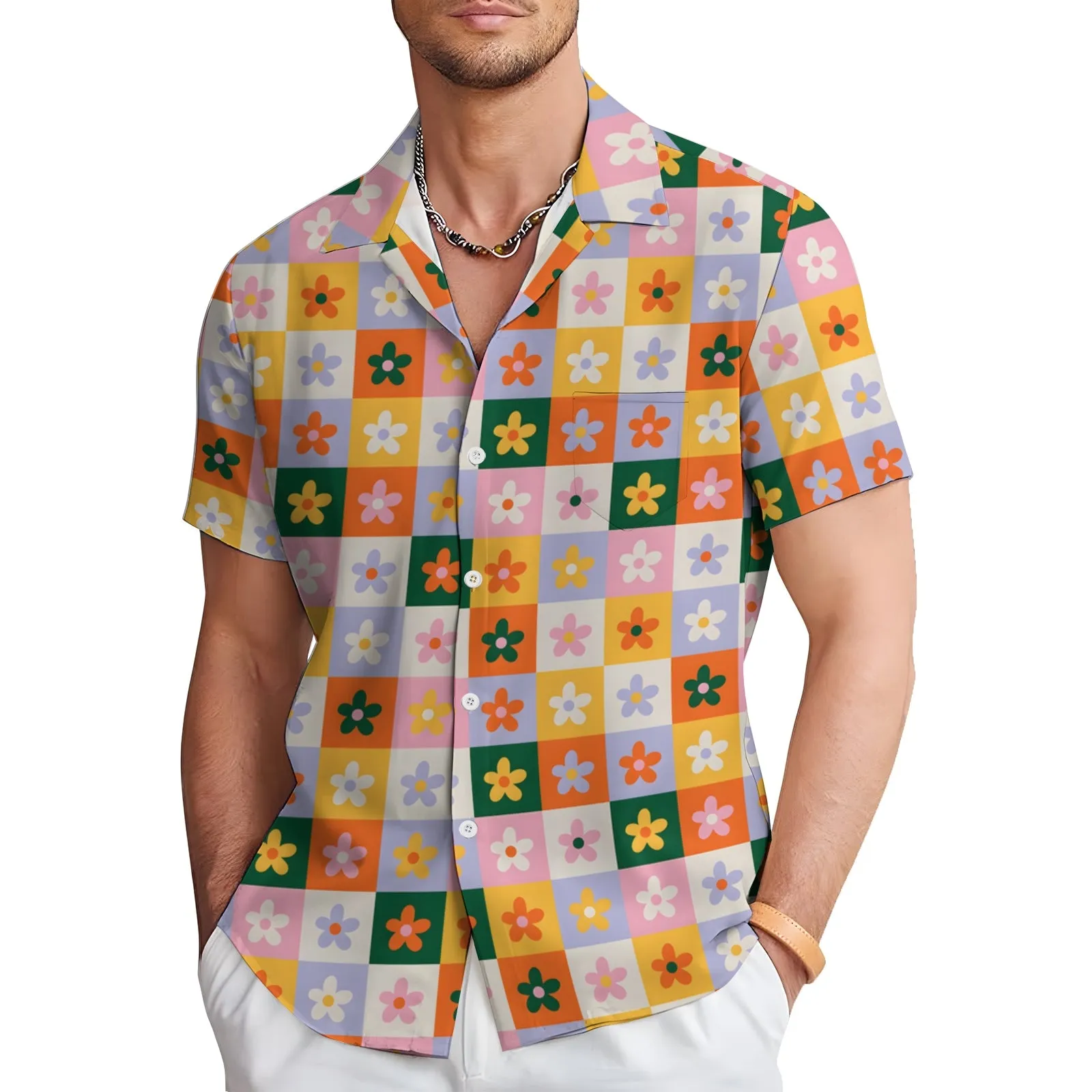 Small Floral Plaid Elements Casual Short Sleeve Shirt 2403000753