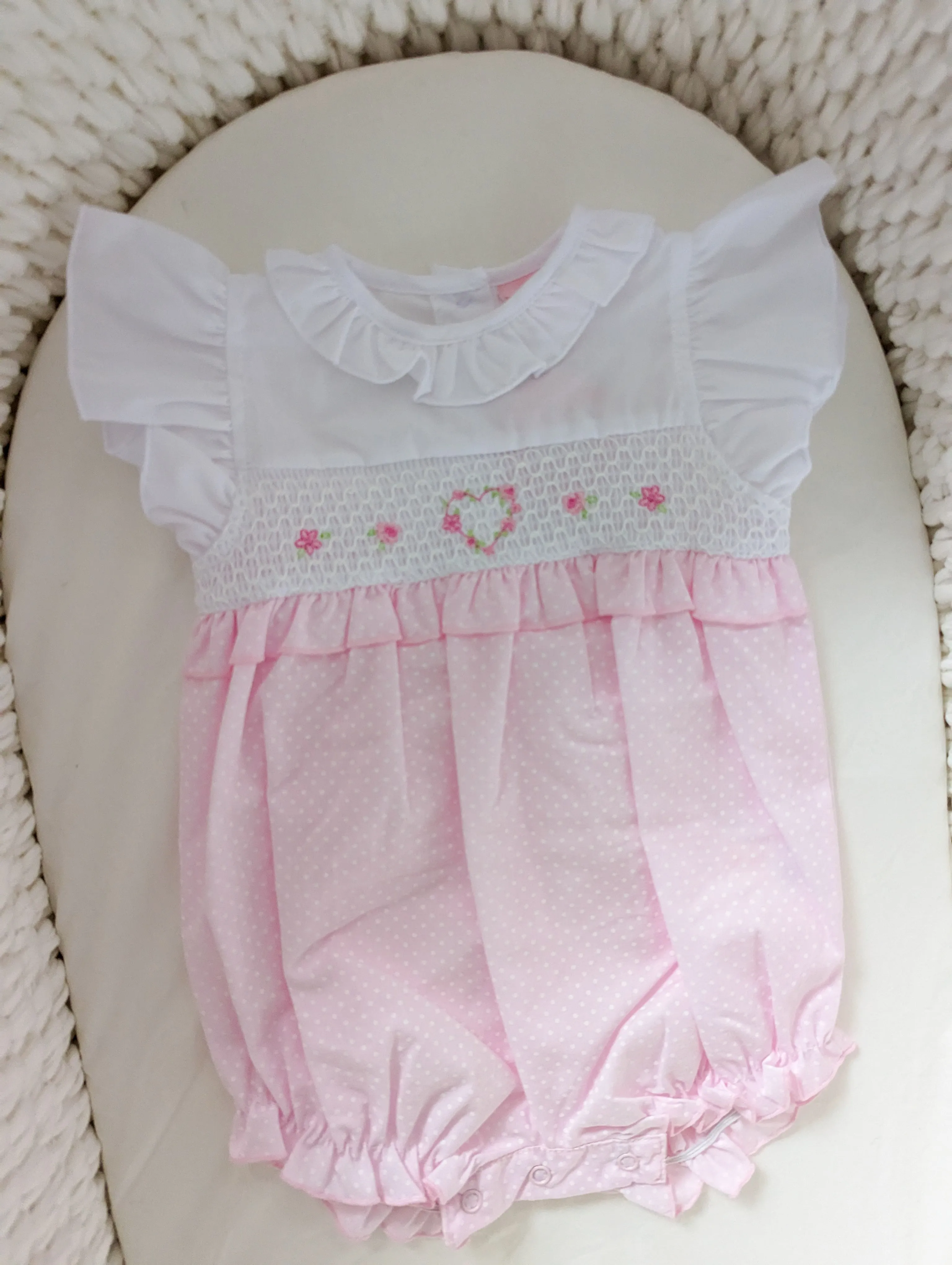 Smocked Polka Dot "Flowers" Romper