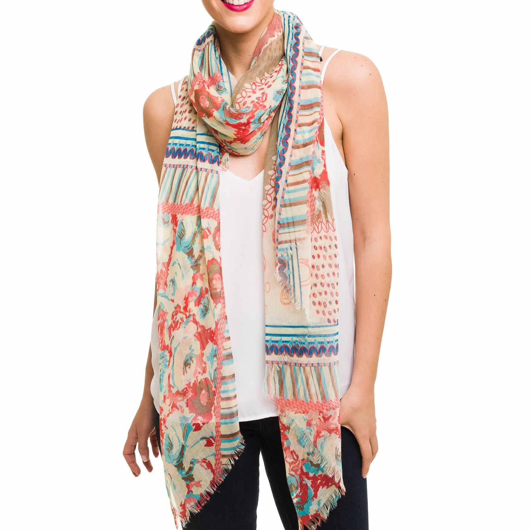 Spanish Design Printed Viscose Scarf (Beige Pattern Floral)