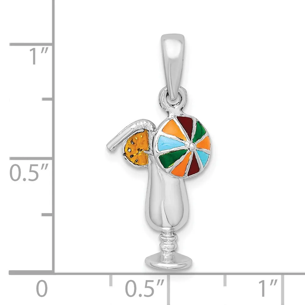 Sterling Silver Polished Enameled Tropical Drink Pendant