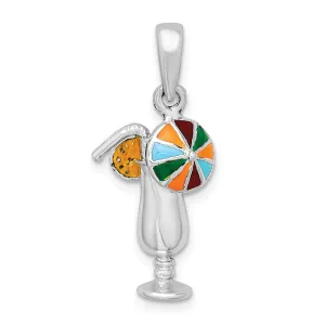 Sterling Silver Polished Enameled Tropical Drink Pendant