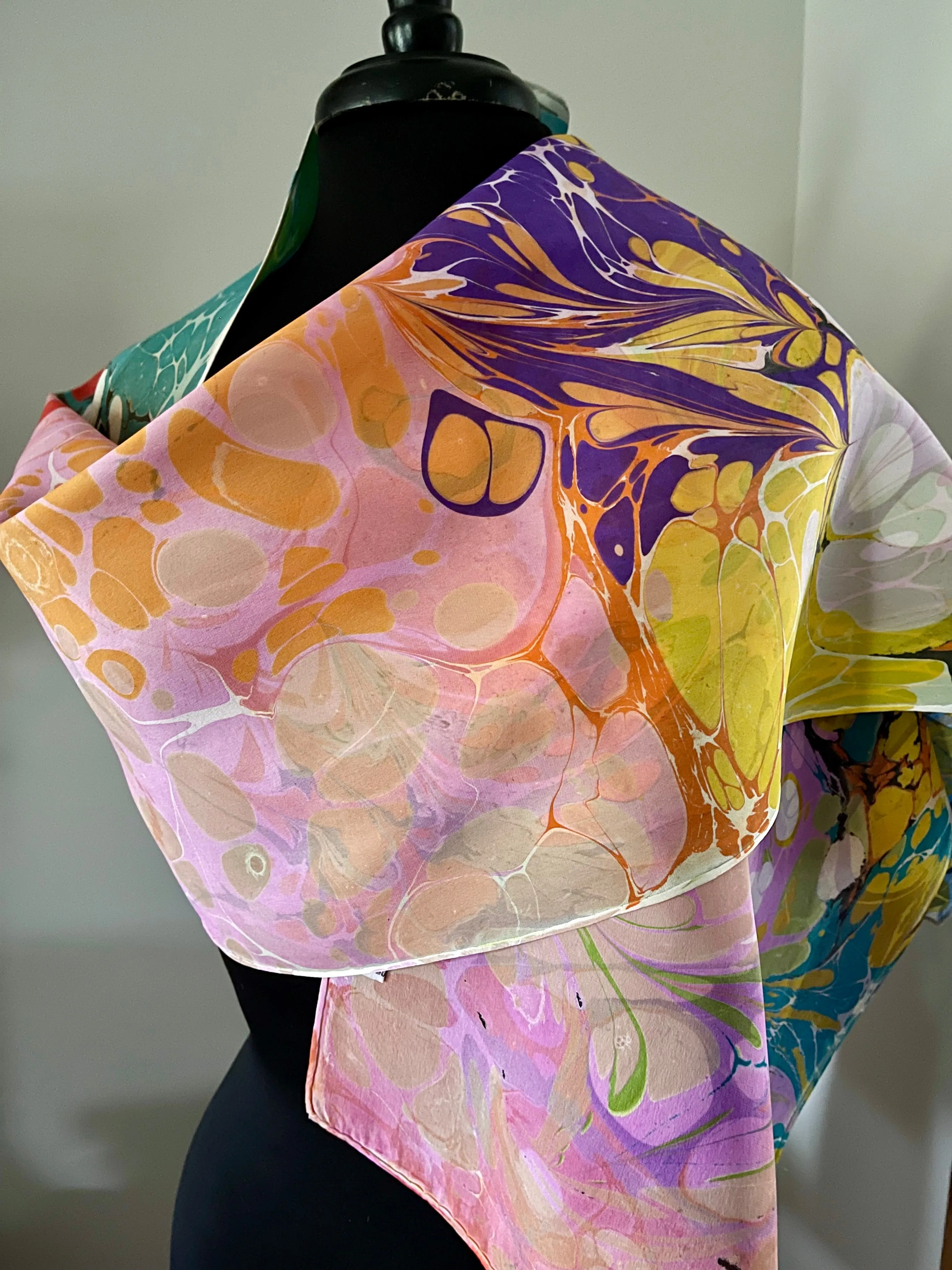 Summer Color two sided  Charmeuse  Silk 72x14” bold fun. This beautiful silk makes a unique dresser cover and scarf