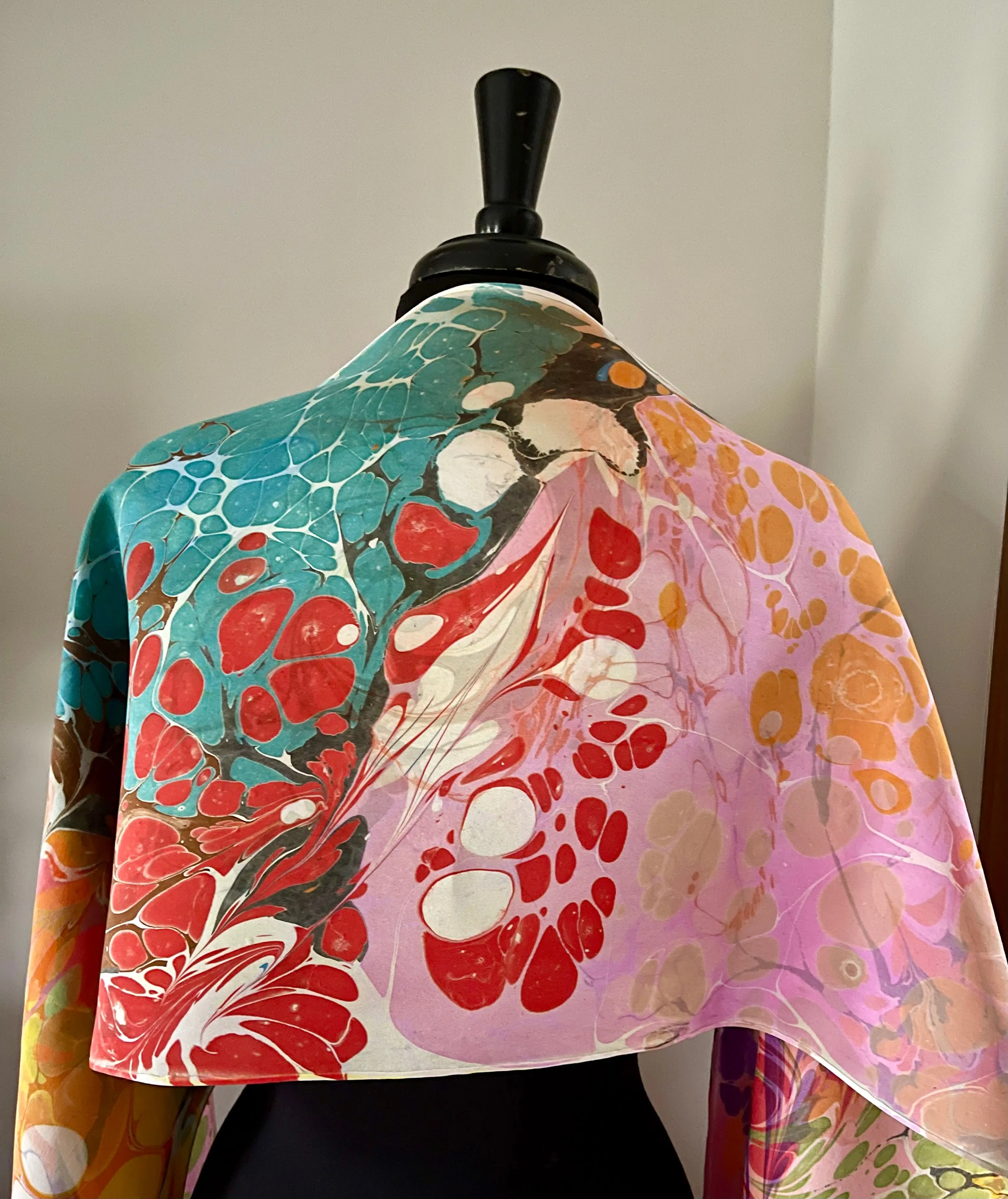 Summer Color two sided  Charmeuse  Silk 72x14” bold fun. This beautiful silk makes a unique dresser cover and scarf