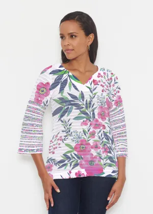 Summer Floral (13423) ~ Banded 3/4 Bell-Sleeve V-Neck Tunic