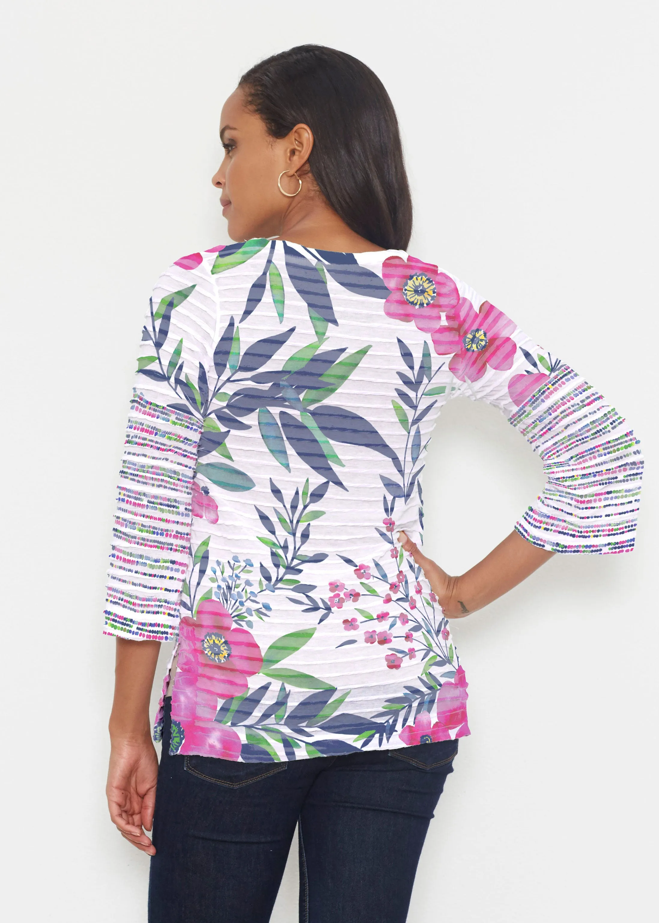 Summer Floral (13423) ~ Banded 3/4 Bell-Sleeve V-Neck Tunic