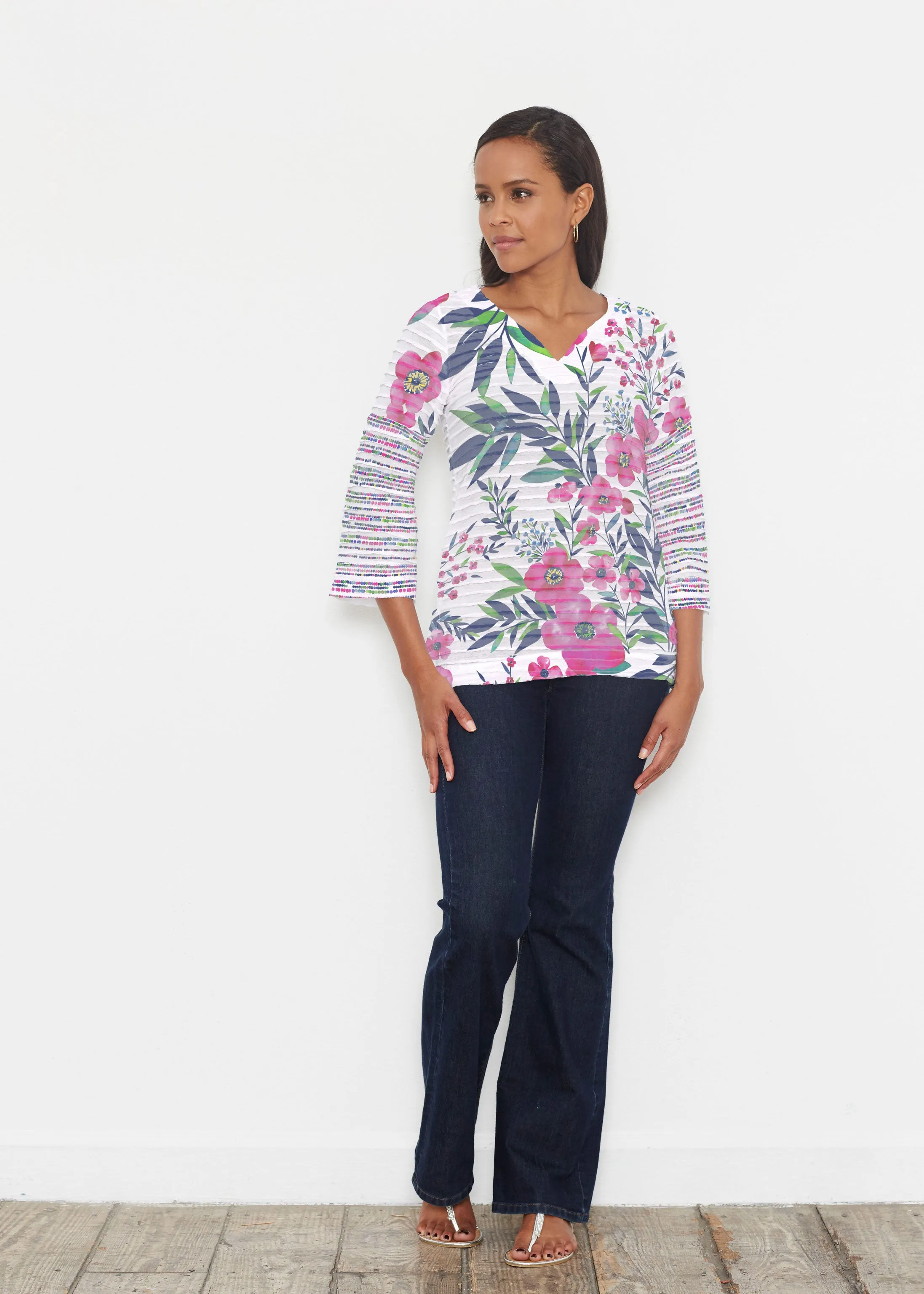 Summer Floral (13423) ~ Banded 3/4 Bell-Sleeve V-Neck Tunic