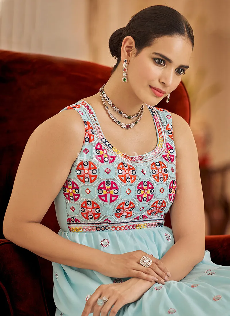 Teal Blue Floral Embroidered Wedding Gown