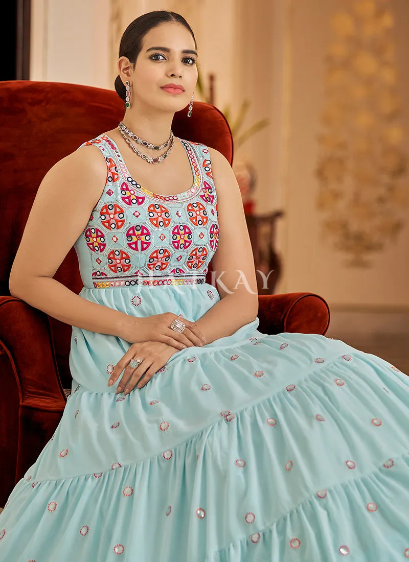 Teal Blue Floral Embroidered Wedding Gown