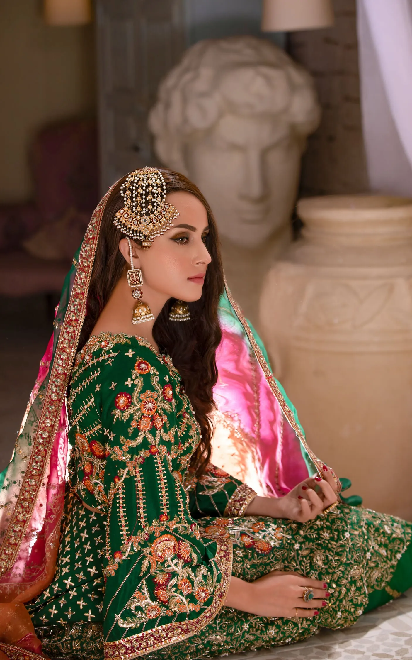 Traditional Embroidered Mehndi Dress in Emerald Green Lehenga Choli Style Bridal Dress Pakistani #BS643