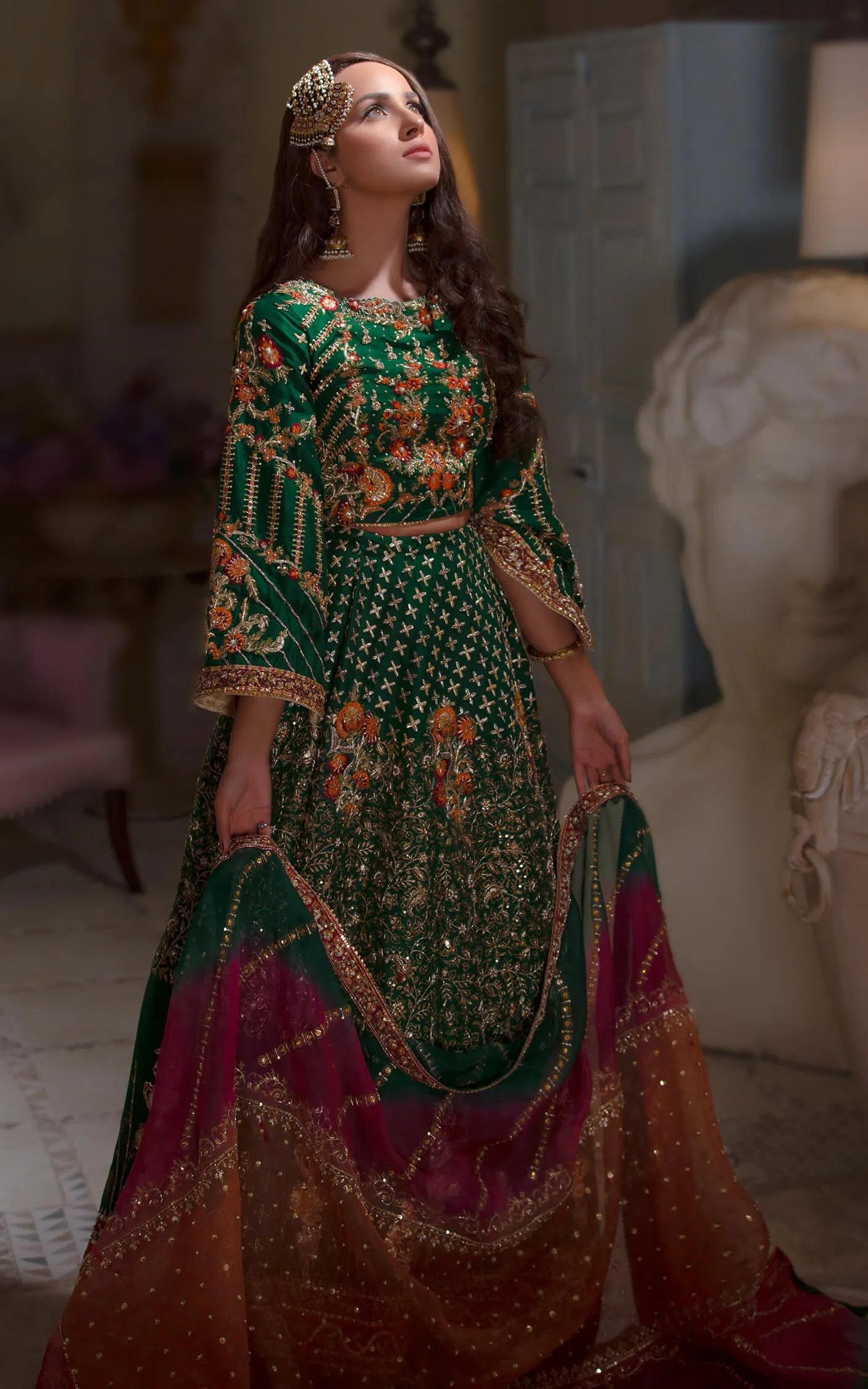 Traditional Embroidered Mehndi Dress in Emerald Green Lehenga Choli Style Bridal Dress Pakistani #BS643
