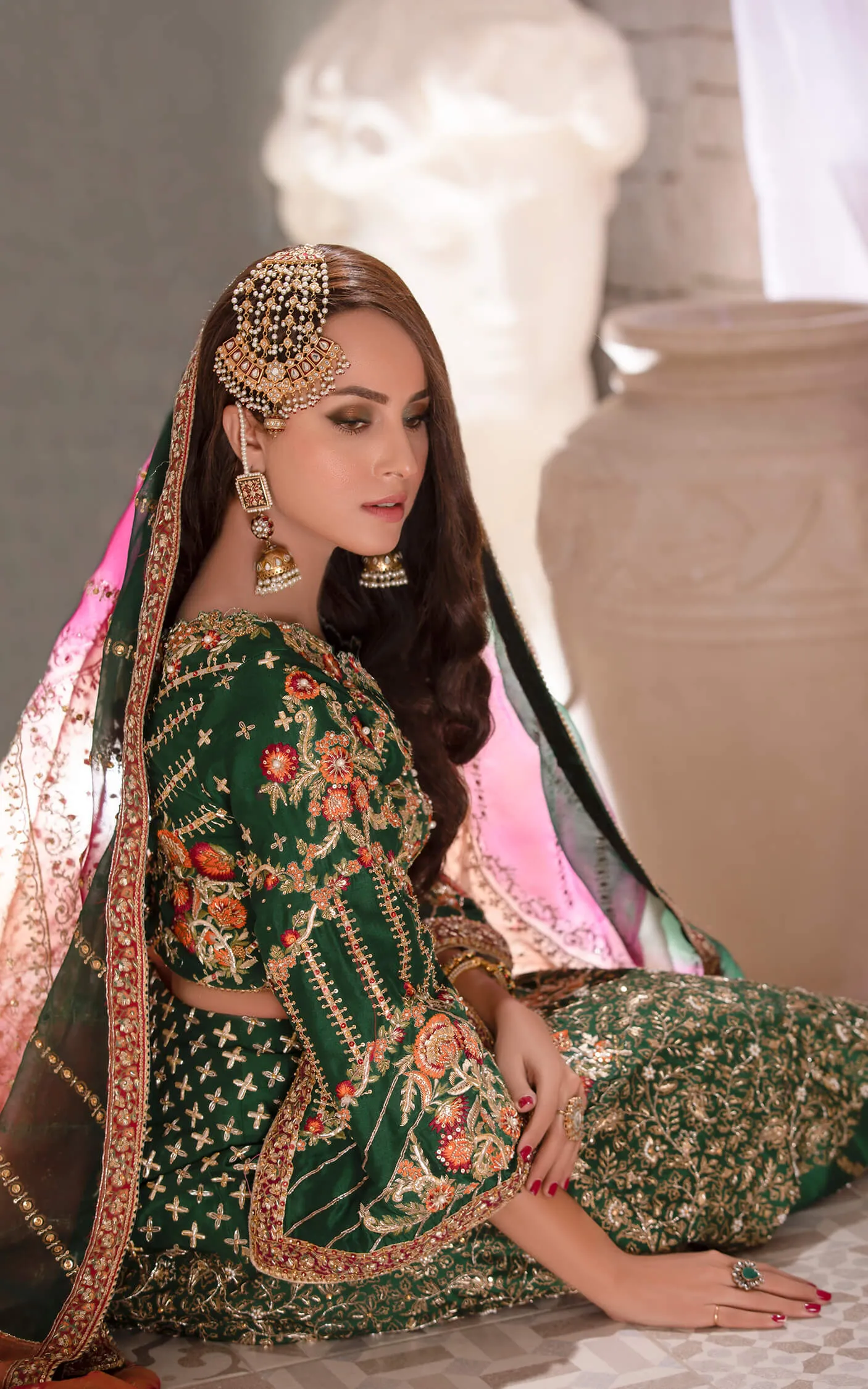 Traditional Embroidered Mehndi Dress in Emerald Green Lehenga Choli Style Bridal Dress Pakistani #BS643