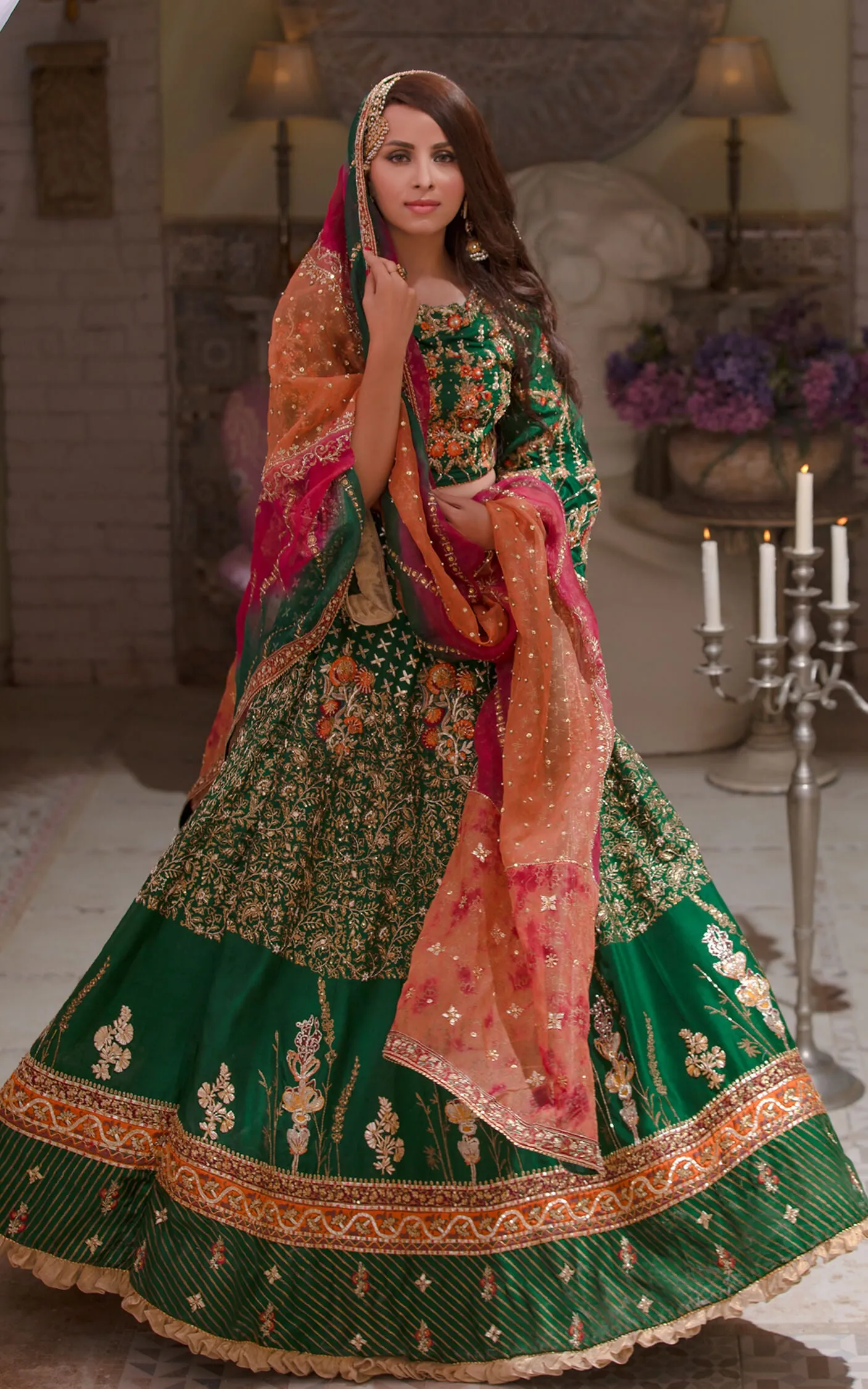 Traditional Embroidered Mehndi Dress in Emerald Green Lehenga Choli Style Bridal Dress Pakistani #BS643