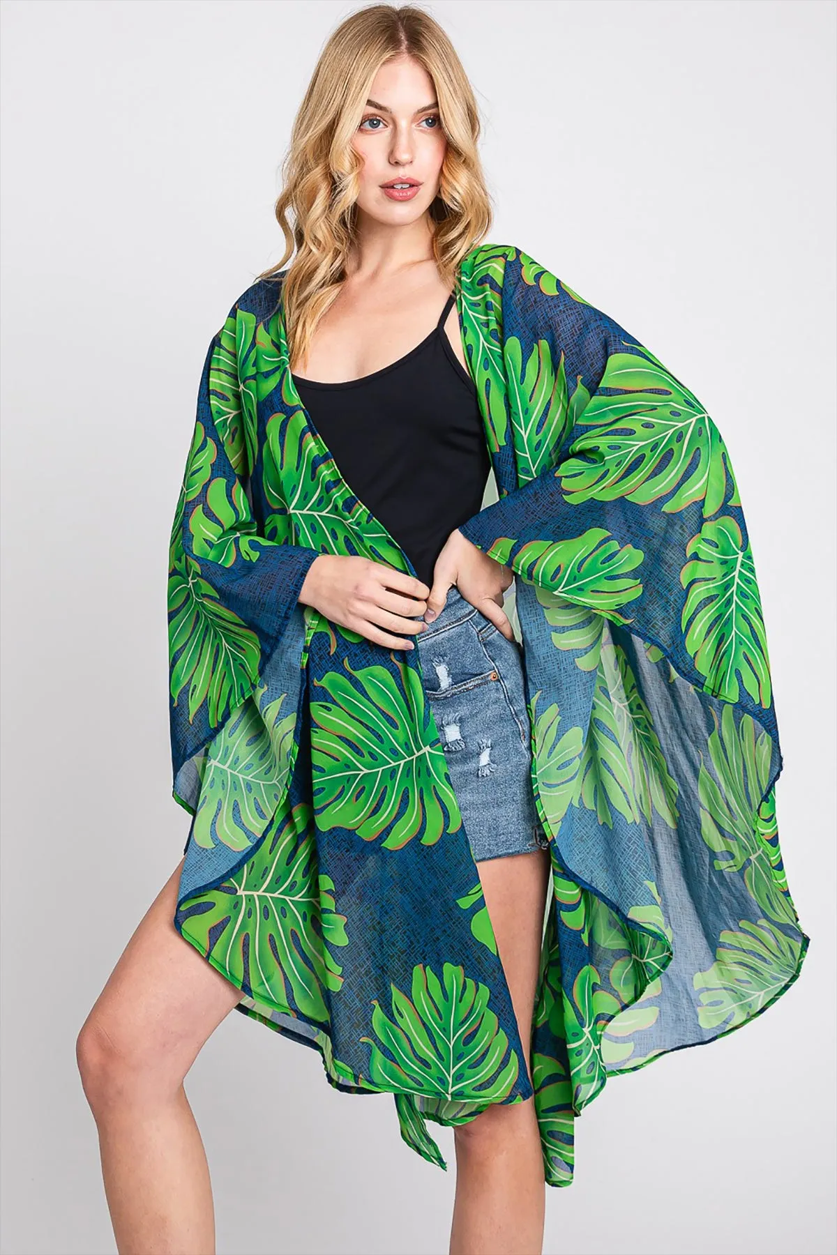 TROPICAL LEAVES PRINT SHAWL COVER-UP