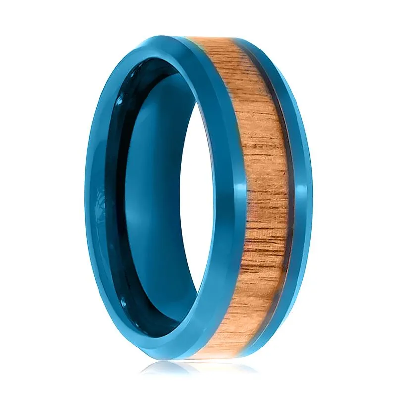 TROPICUS | Blue Tungsten Ring, Koa Wood Inlay, Beveled Edge