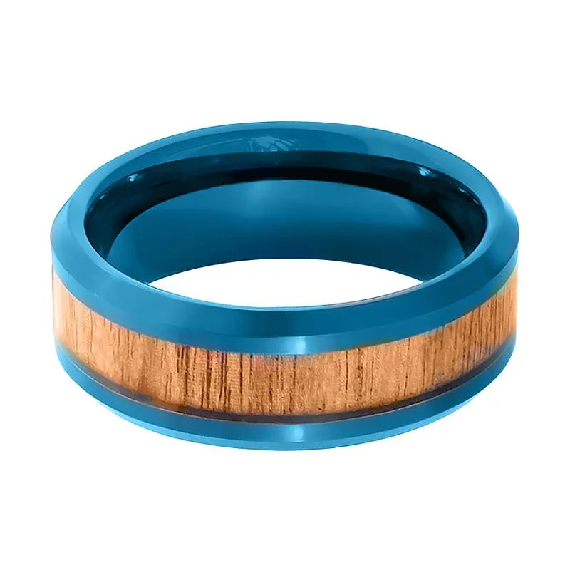 TROPICUS | Blue Tungsten Ring, Koa Wood Inlay, Beveled Edge