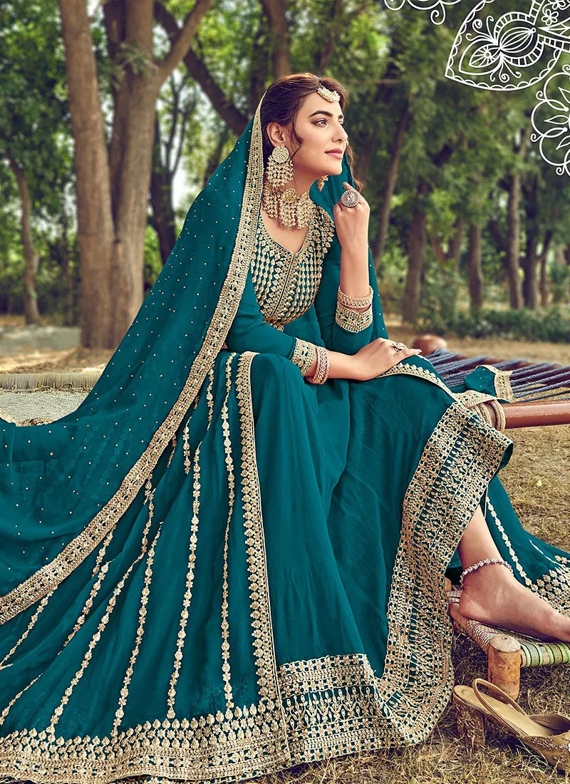 Turquoise Embroidered Slit Style Anarkali Lehenga Suit
