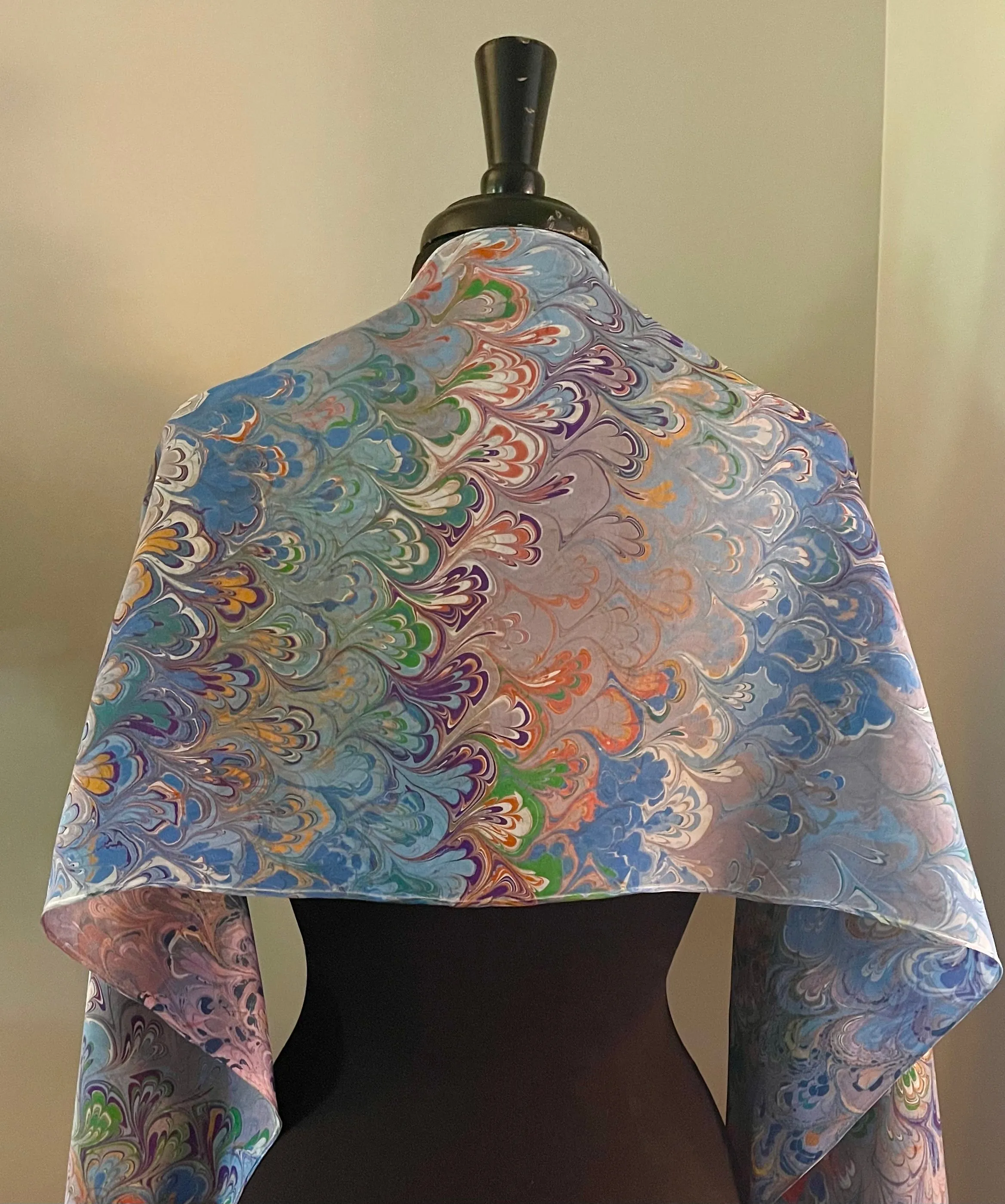 Twice marbled  bouquet Charmeuse  Silk 72x14” bold fun. This beautiful  silk makes  a unique dresser cover and scarf.