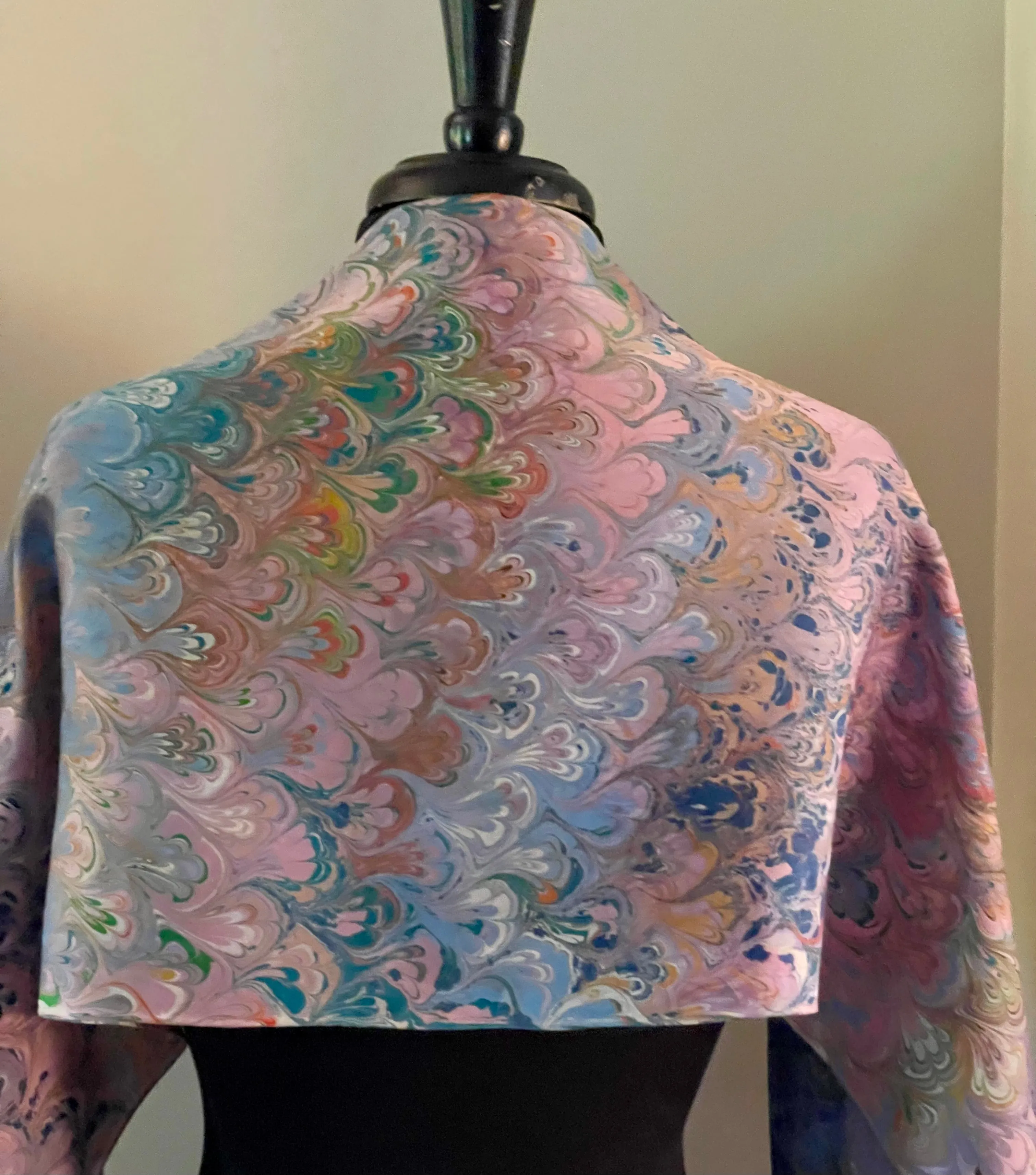 Twice marbled  bouquet Charmeuse  Silk 72x14” bold fun. This beautiful  silk makes  a unique dresser cover and scarf.