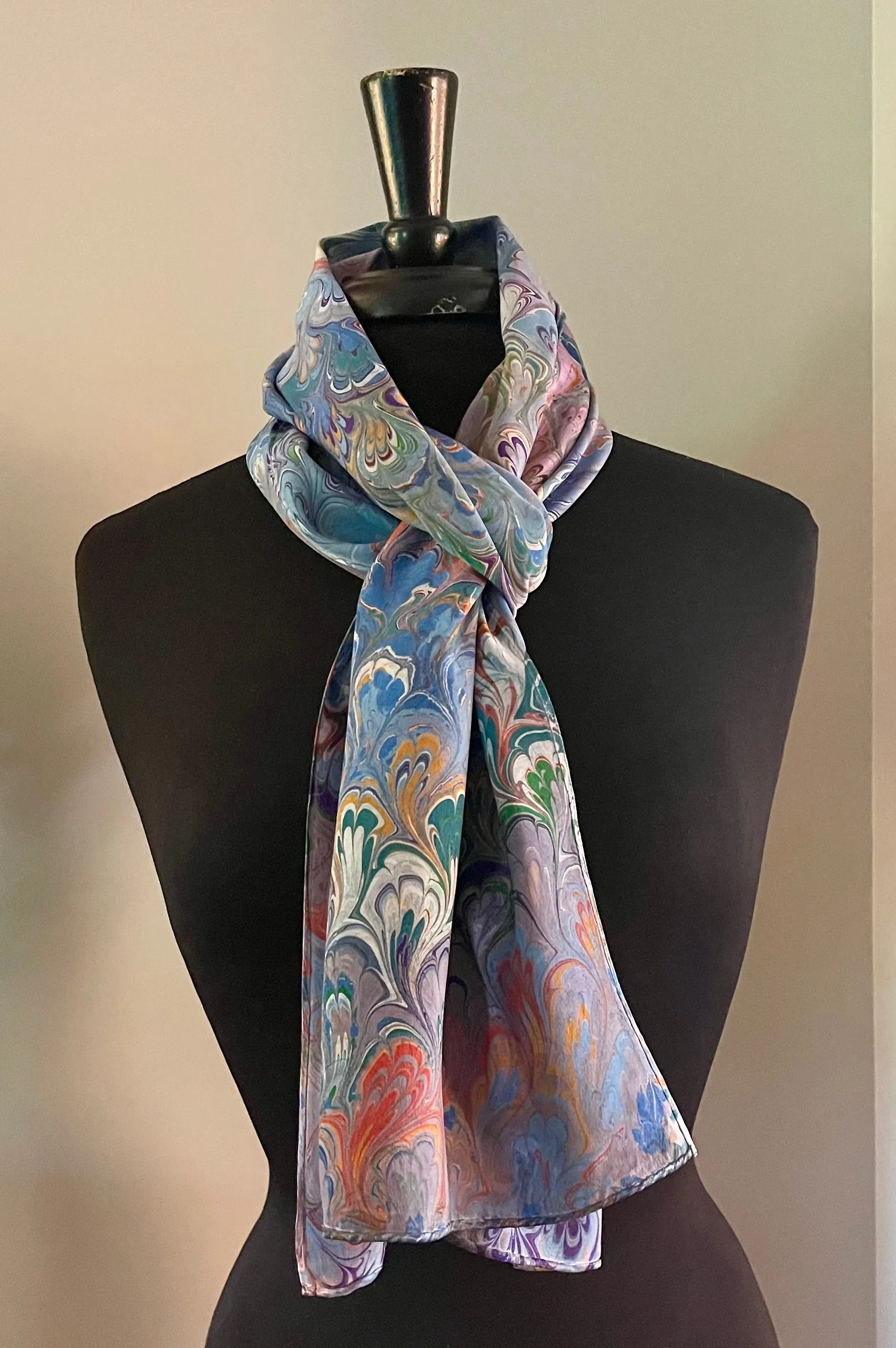 Twice marbled  bouquet Charmeuse  Silk 72x14” bold fun. This beautiful  silk makes  a unique dresser cover and scarf.