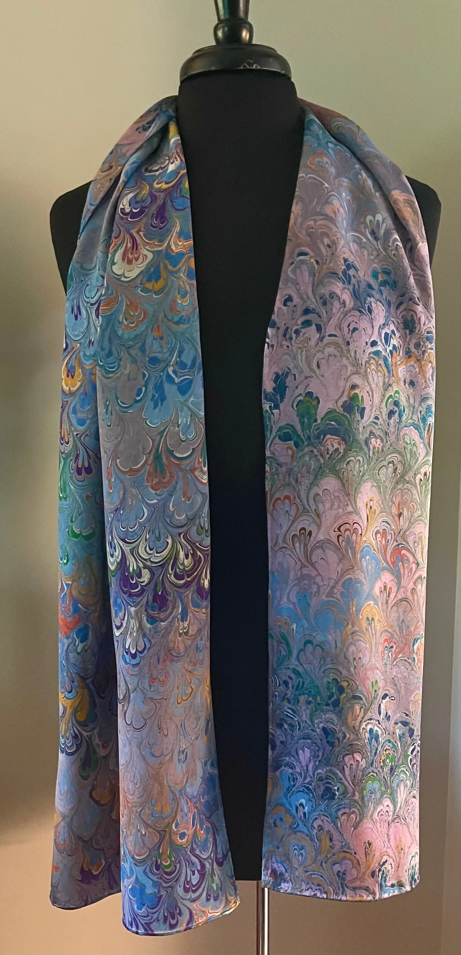Twice marbled  bouquet Charmeuse  Silk 72x14” bold fun. This beautiful  silk makes  a unique dresser cover and scarf.