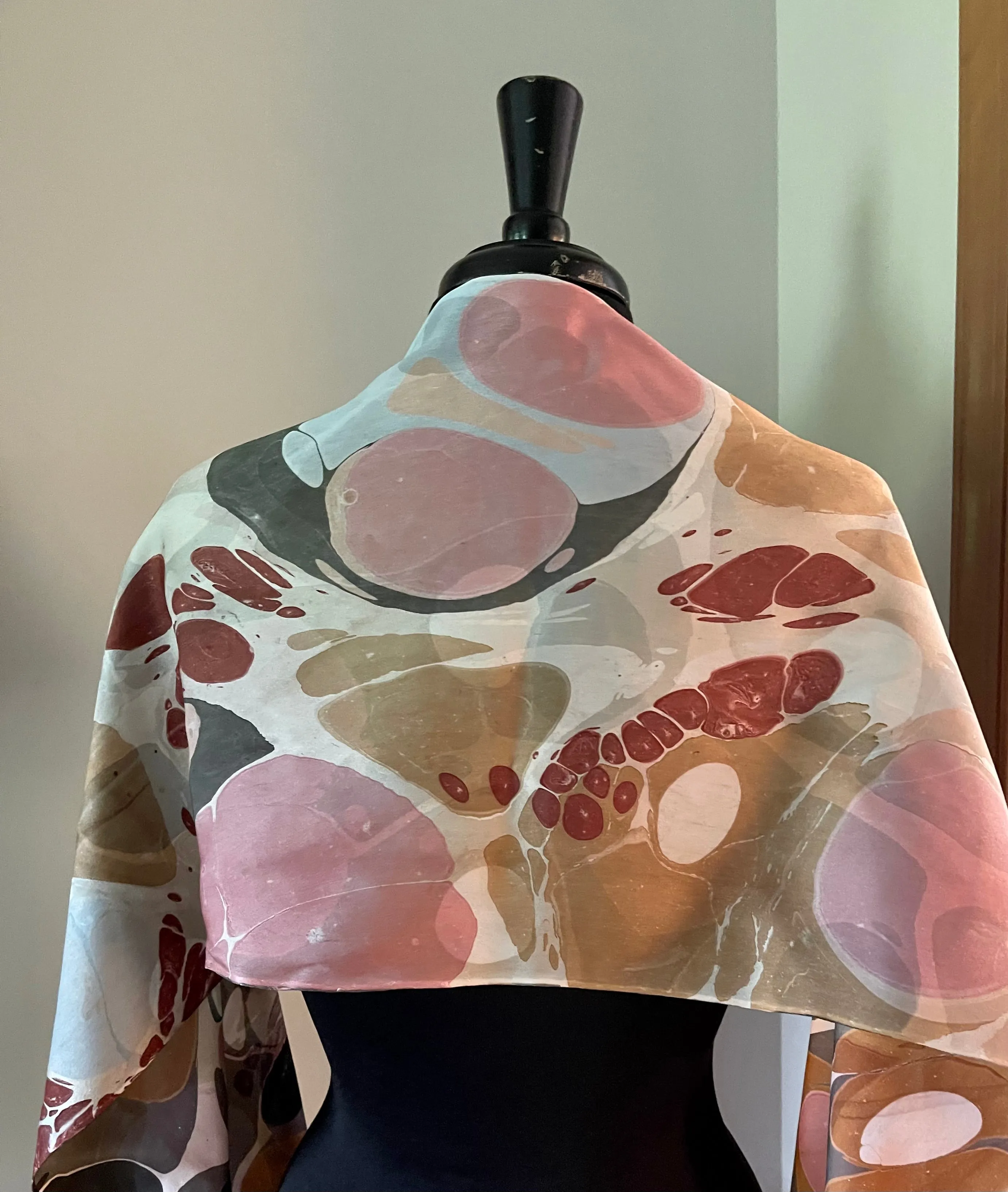 Twice marbled neutral Stone & Stone pattern Charmeuse  Silk 72x14” bold fun. This beautiful silk makes a unique dresser cover and scarf