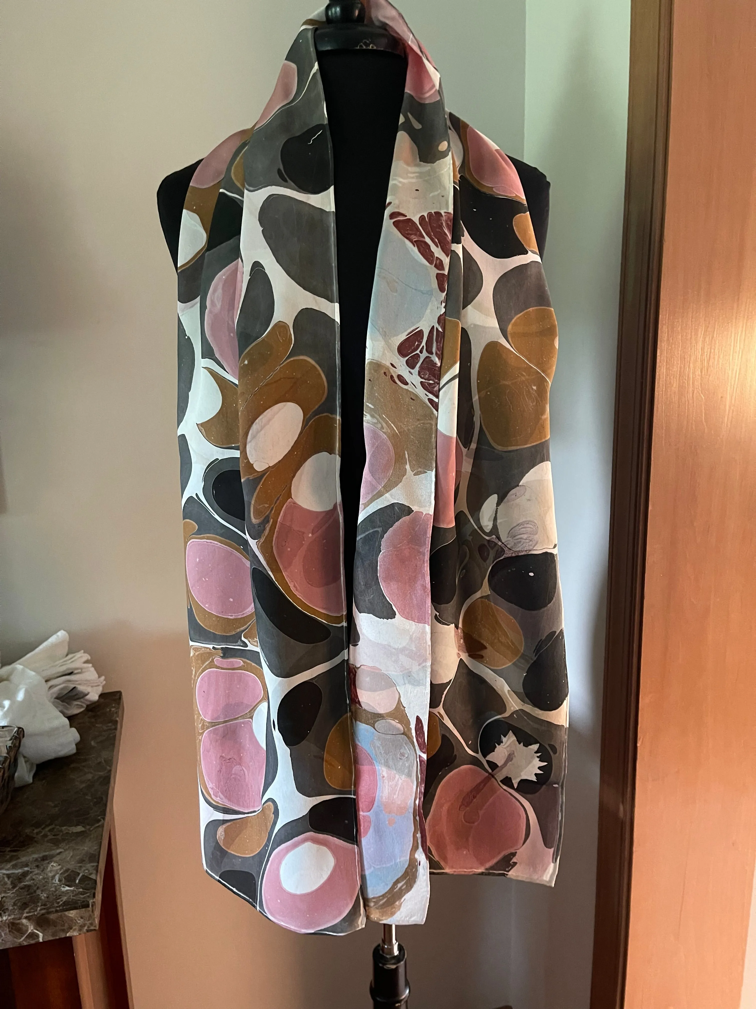 Twice marbled neutral Stone & Stone pattern Charmeuse  Silk 72x14” bold fun. This beautiful silk makes a unique dresser cover and scarf
