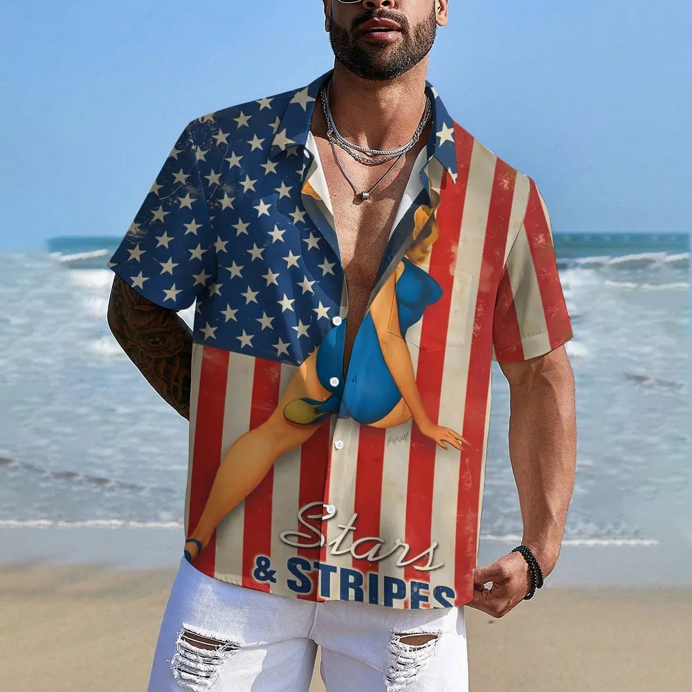 Vintage American Flag and Blue Swimsuit Girls Print Short Sleeve Shirt 2406001559