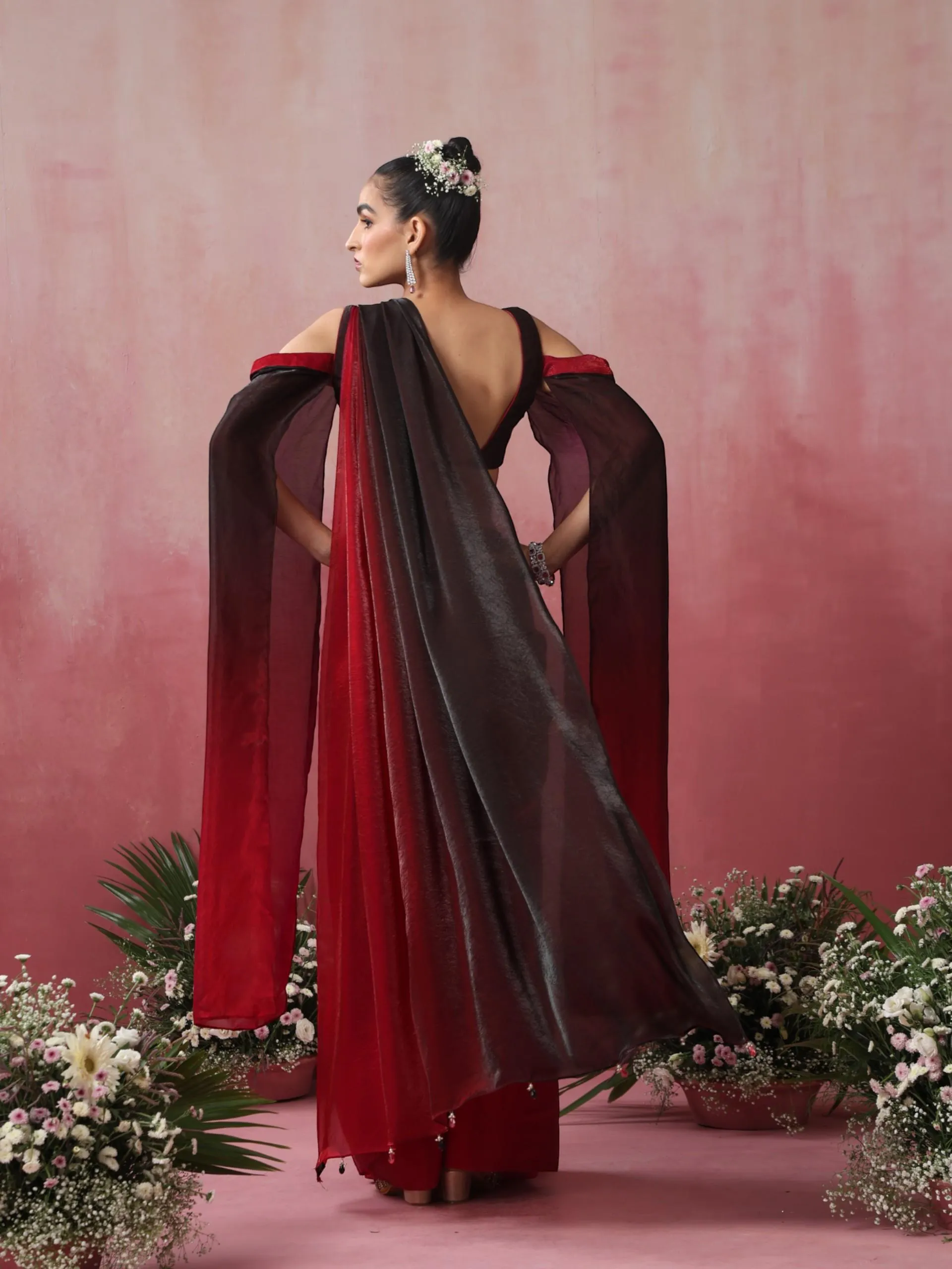 Volcano Black and Red Ombre Metallic Satin Saree with Blouse Fabric