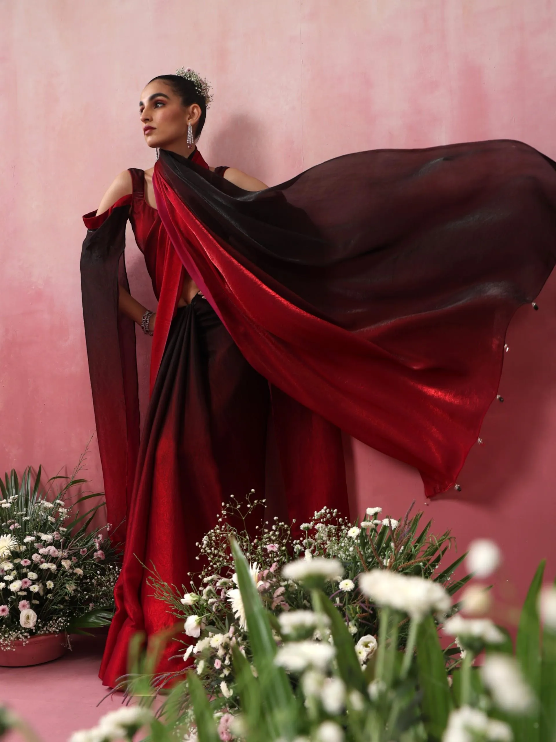 Volcano Black and Red Ombre Metallic Satin Saree with Blouse Fabric