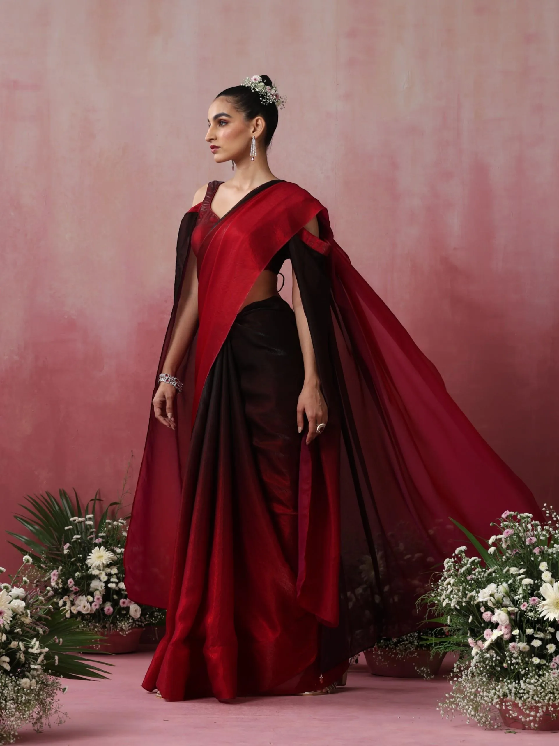 Volcano Black and Red Ombre Metallic Satin Saree with Blouse Fabric