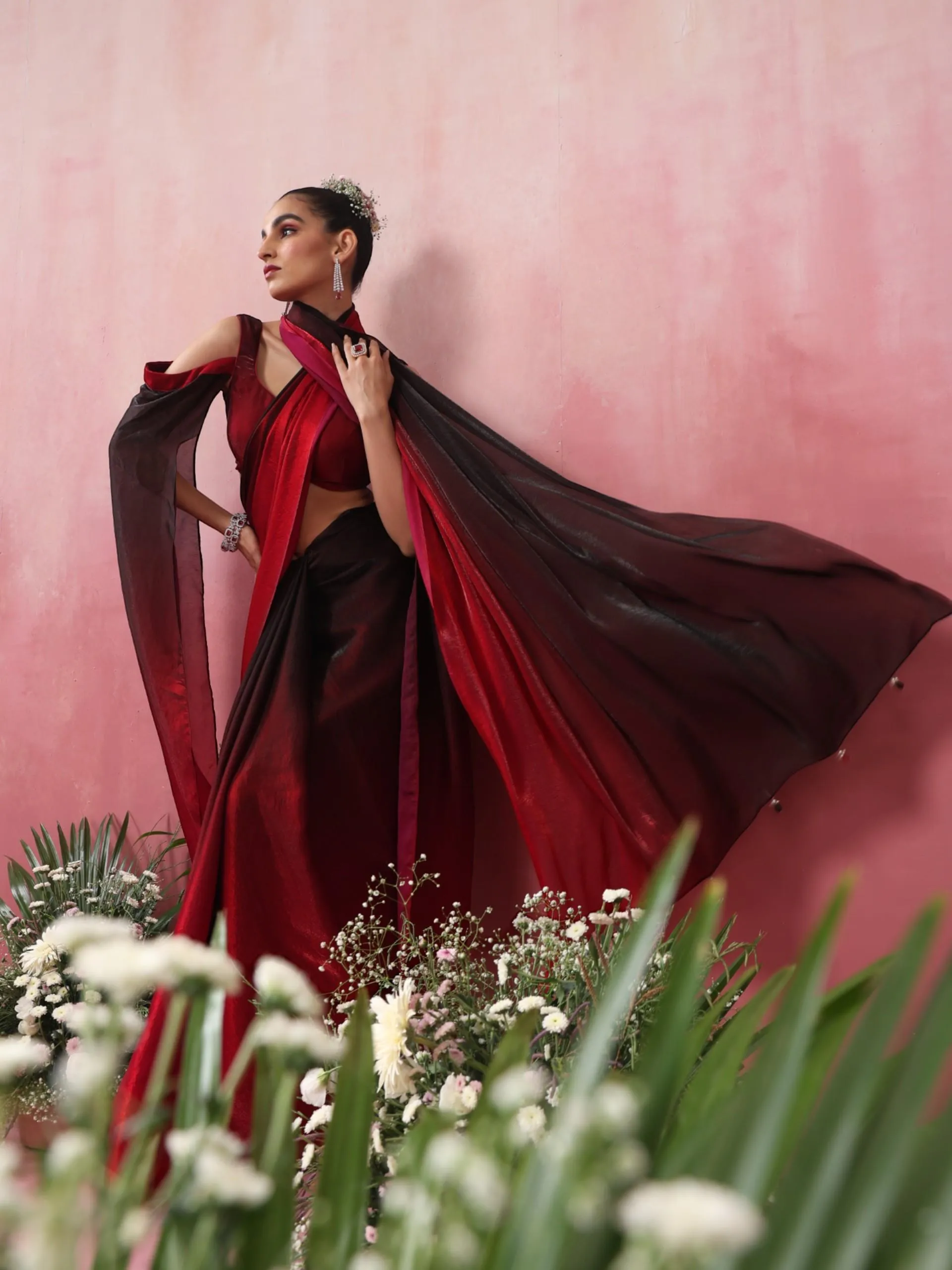 Volcano Black and Red Ombre Metallic Satin Saree with Blouse Fabric