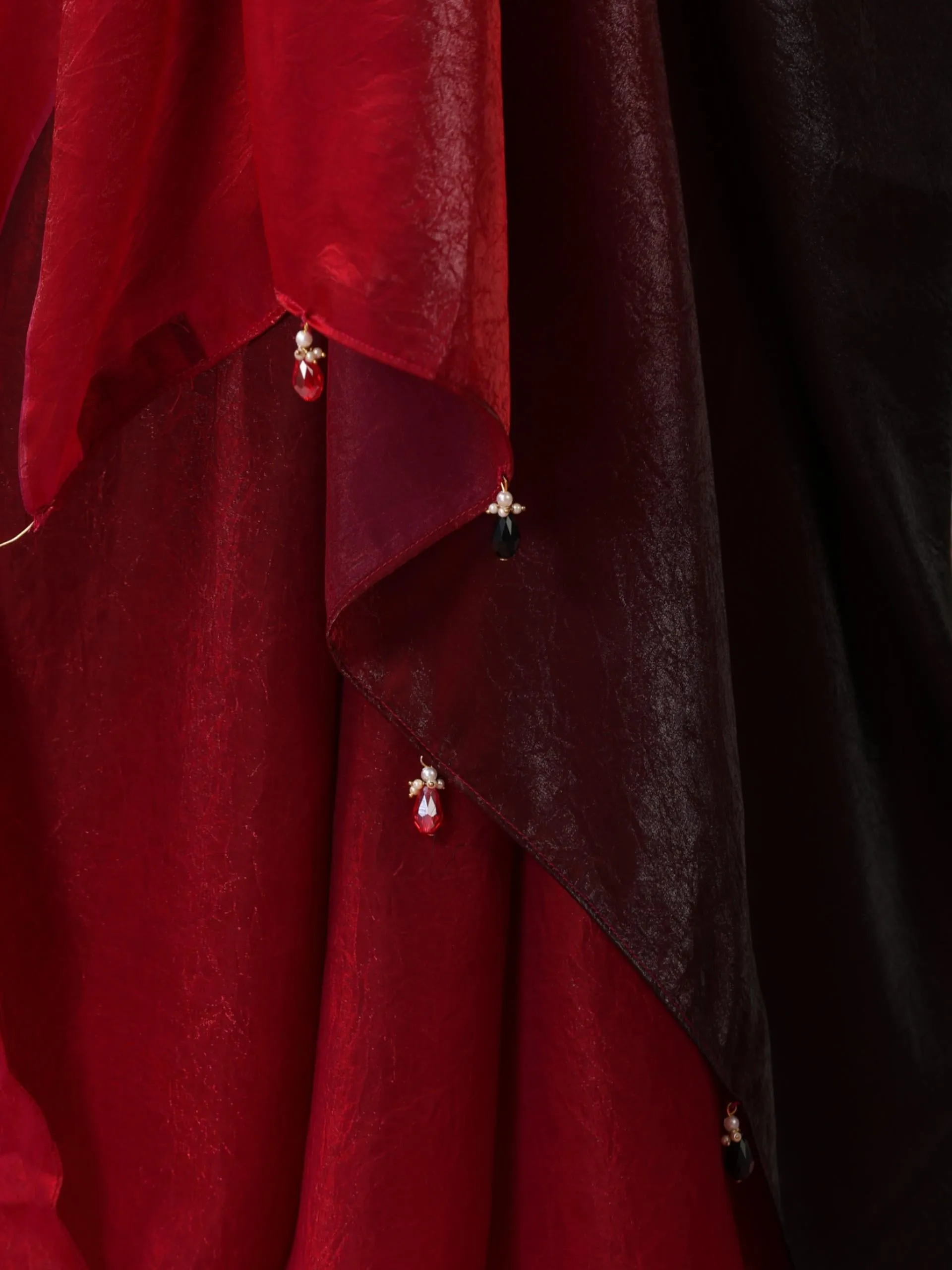 Volcano Black and Red Ombre Metallic Satin Saree with Blouse Fabric