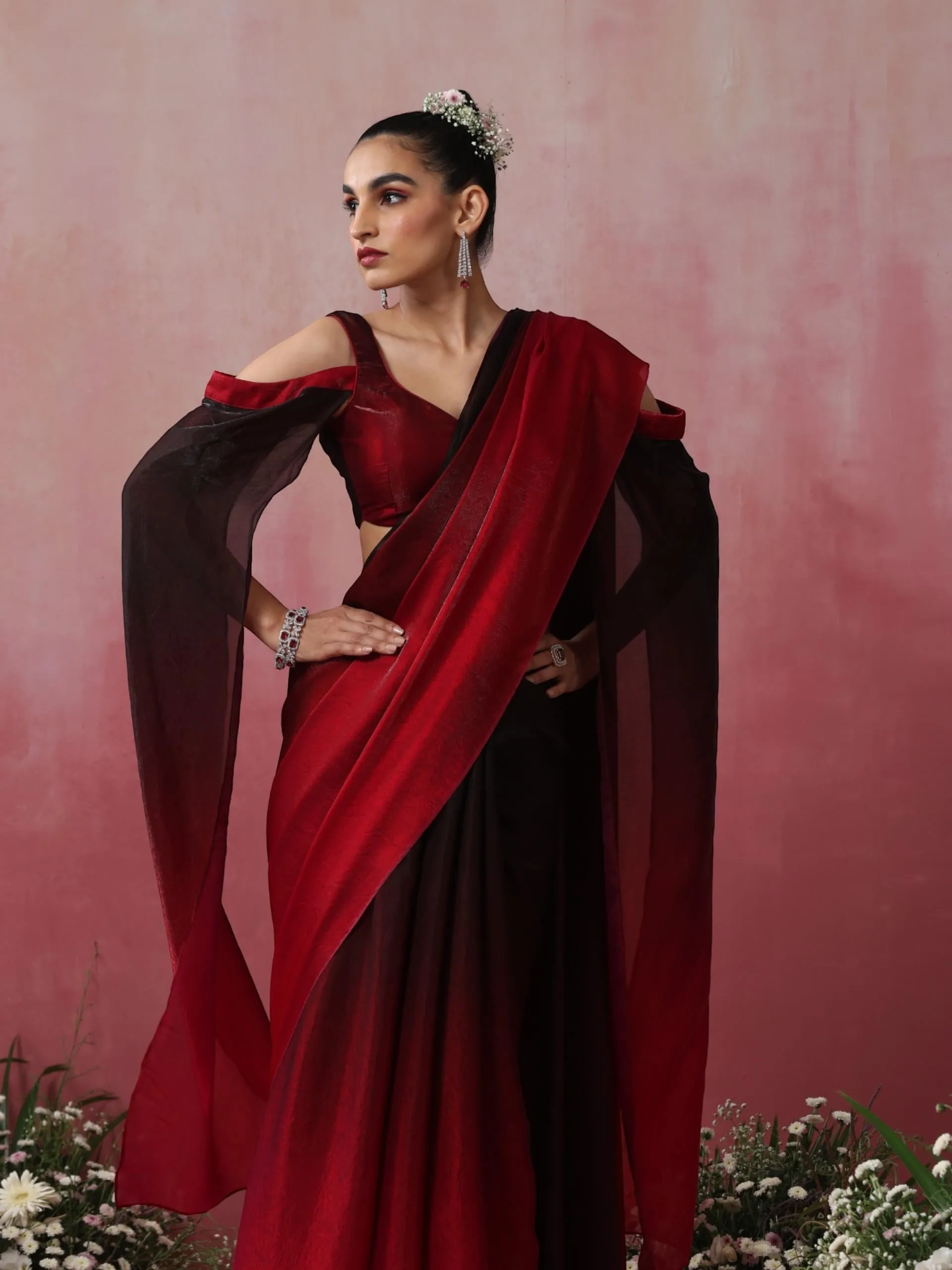 Volcano Black and Red Ombre Metallic Satin Saree with Blouse Fabric