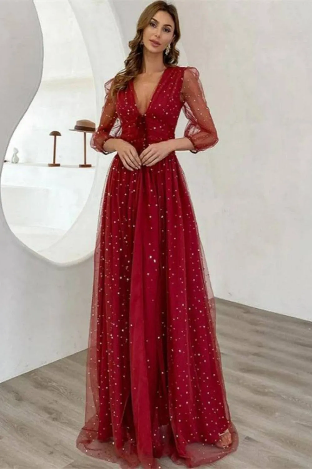 Waist Fitted High Slit Long Sleeve Maxi Dress