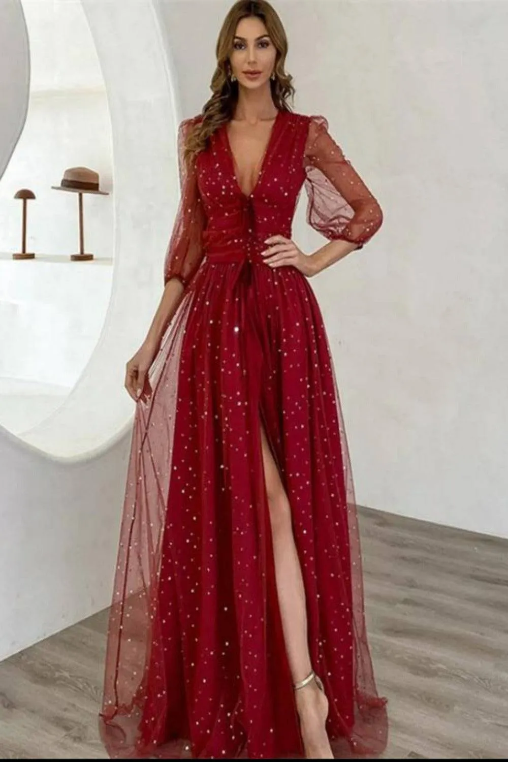 Waist Fitted High Slit Long Sleeve Maxi Dress