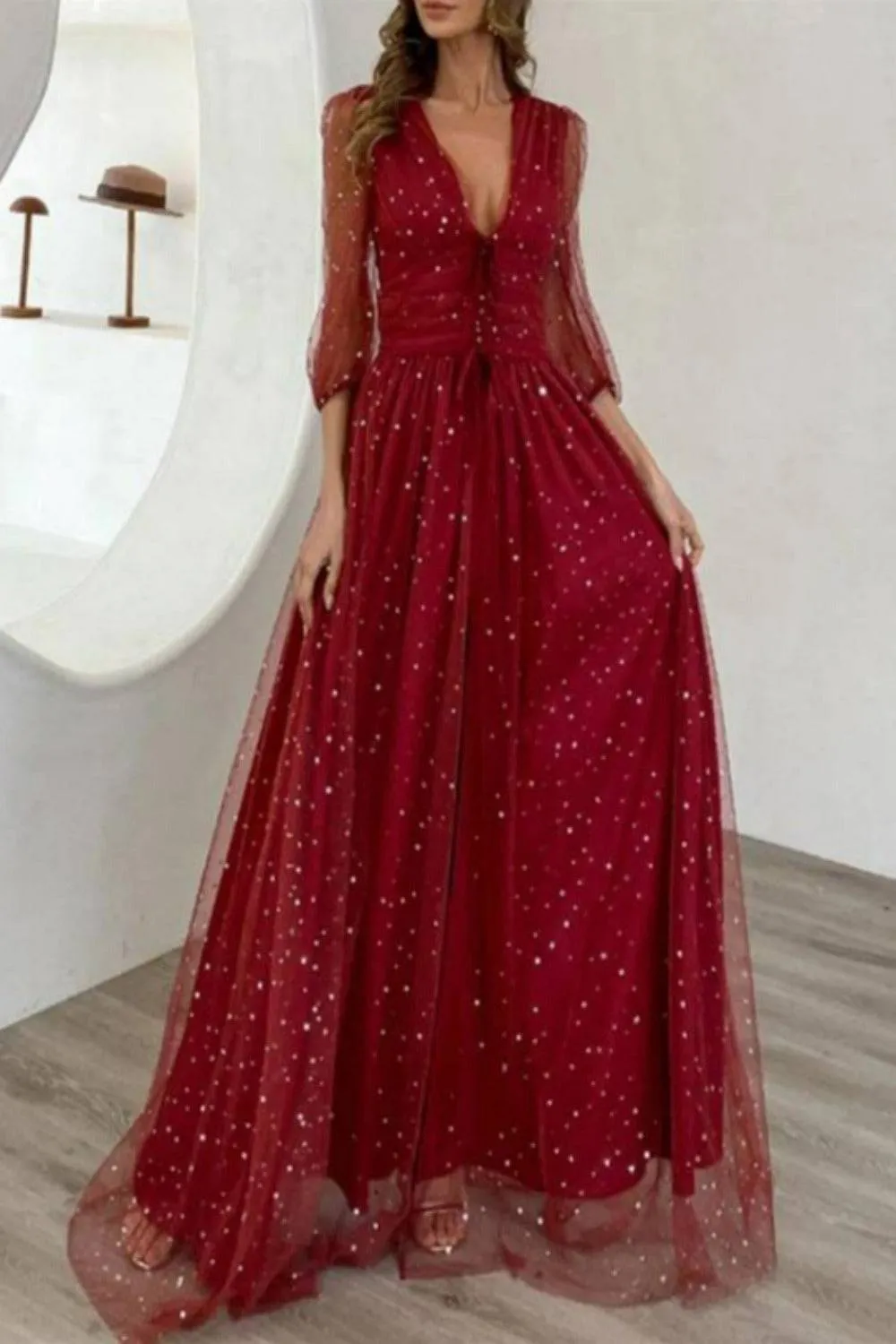 Waist Fitted High Slit Long Sleeve Maxi Dress