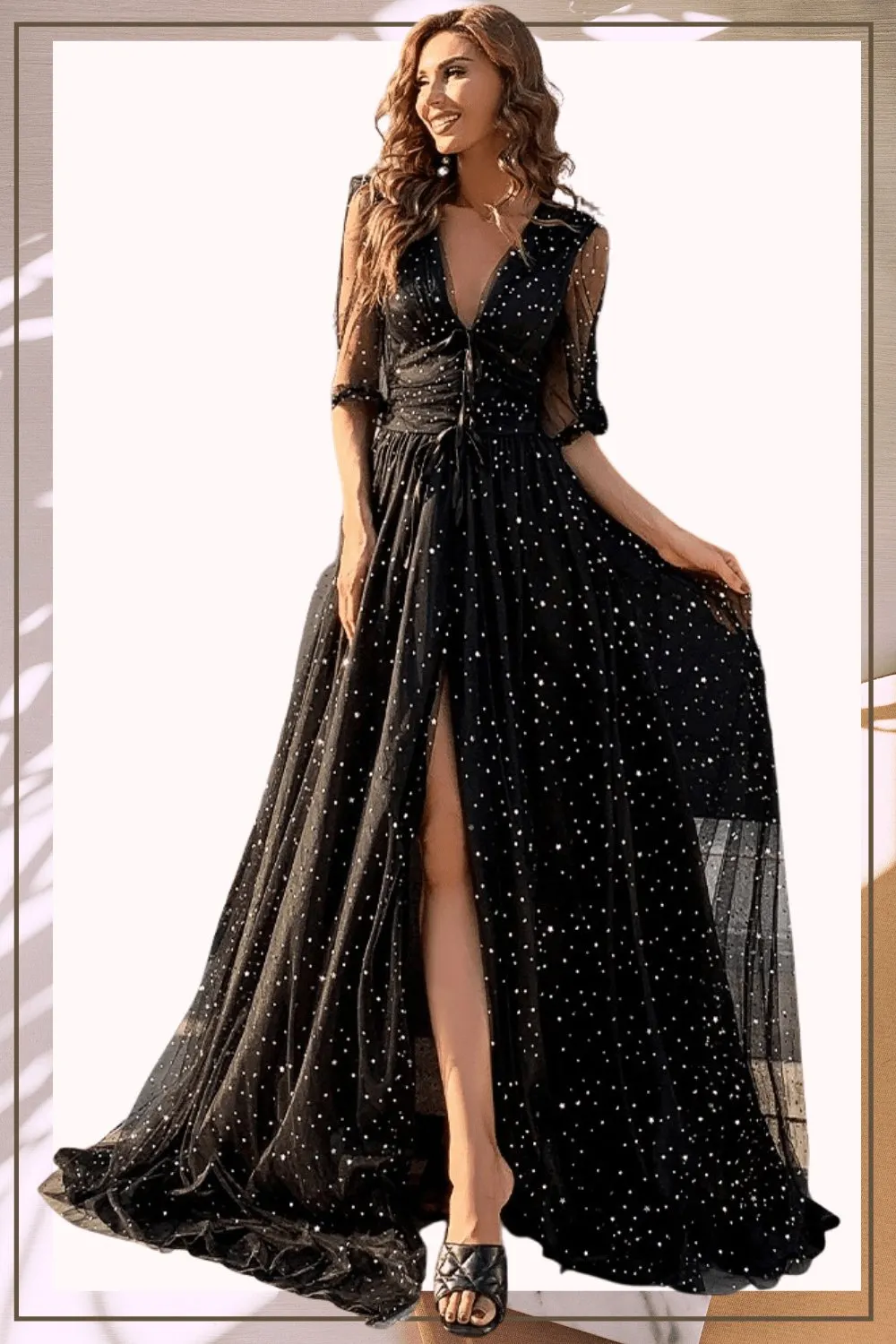 Waist Fitted High Slit Long Sleeve Maxi Dress