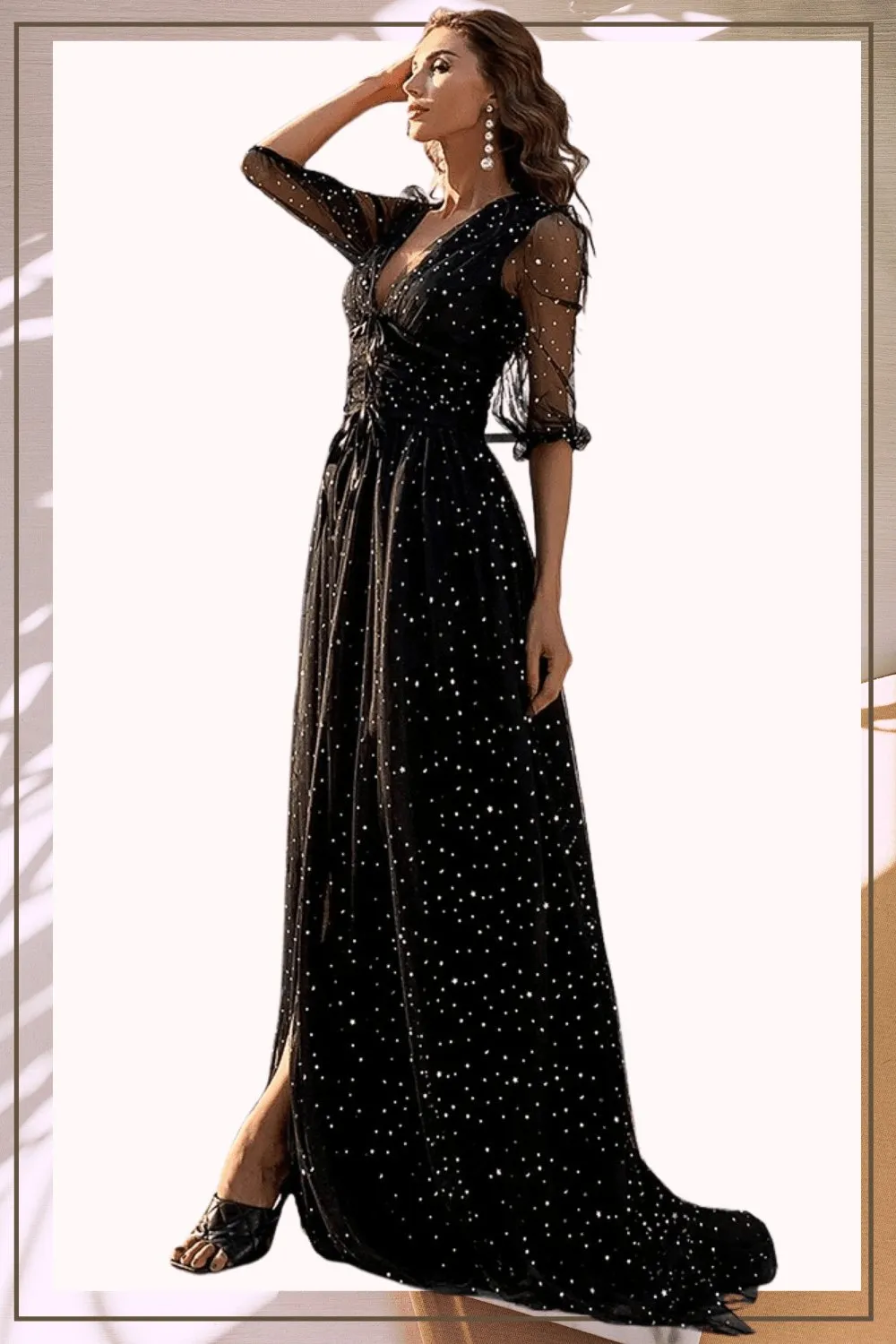 Waist Fitted High Slit Long Sleeve Maxi Dress