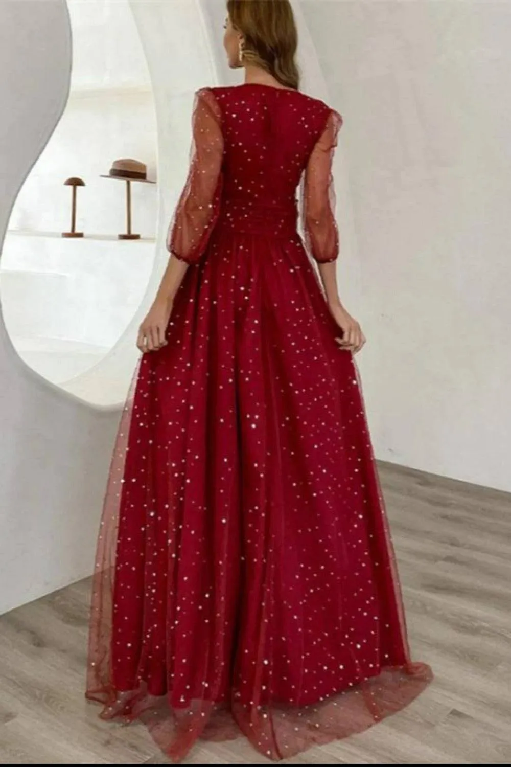 Waist Fitted High Slit Long Sleeve Maxi Dress