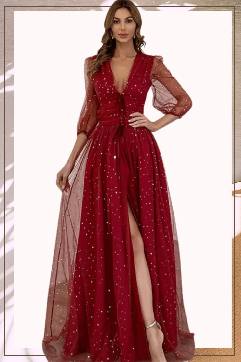 Waist Fitted High Slit Long Sleeve Maxi Dress
