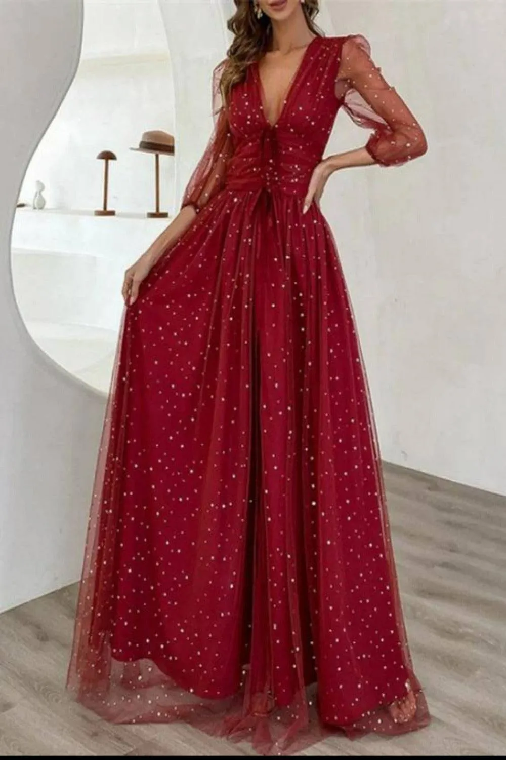 Waist Fitted High Slit Long Sleeve Maxi Dress