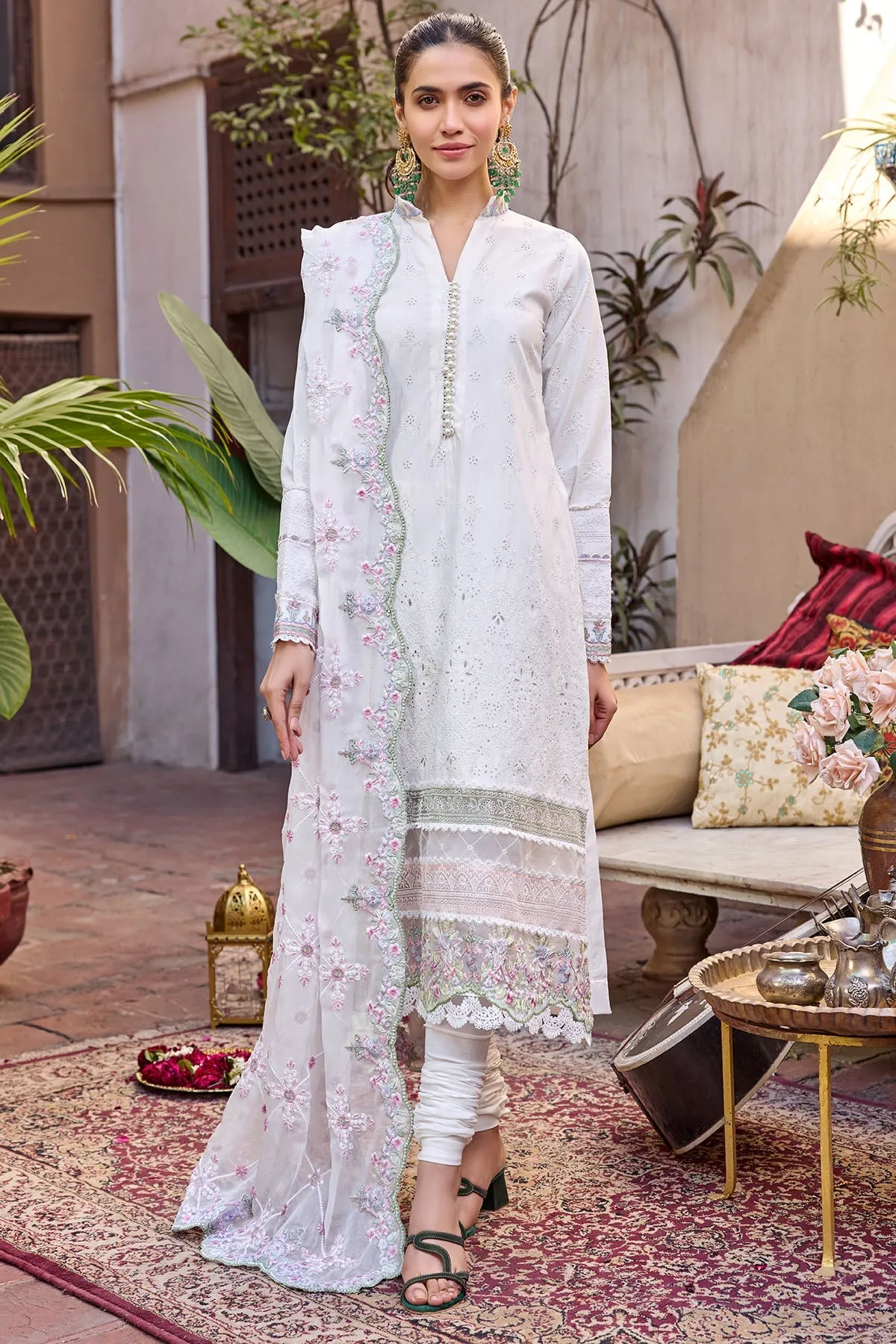 White Long Kameez Pajama with Dupatta Pakistani Eid Dress